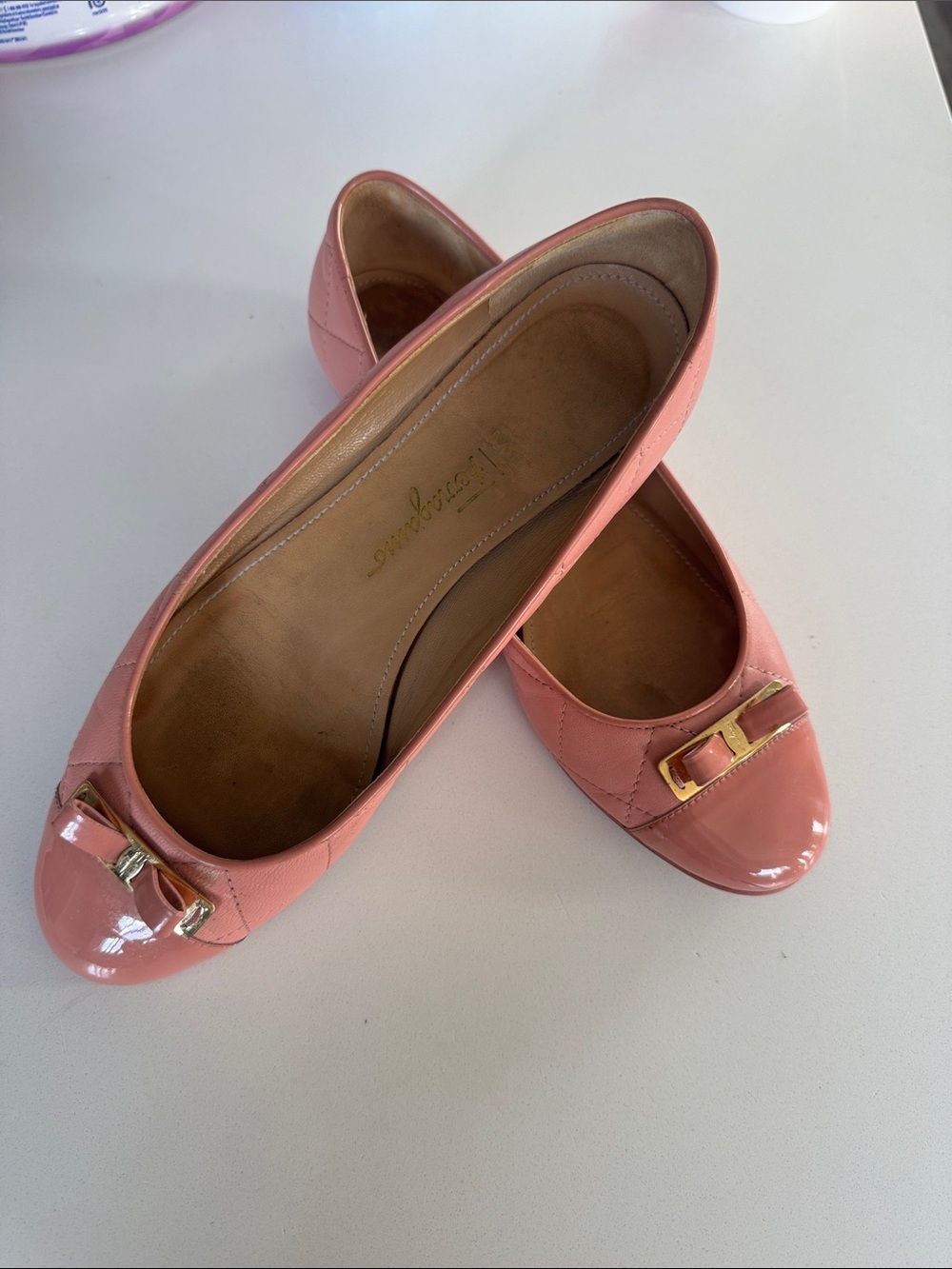 Salvatore Ferragamo Coral Pink Vara Bow Quilted Patent Ballet Flats